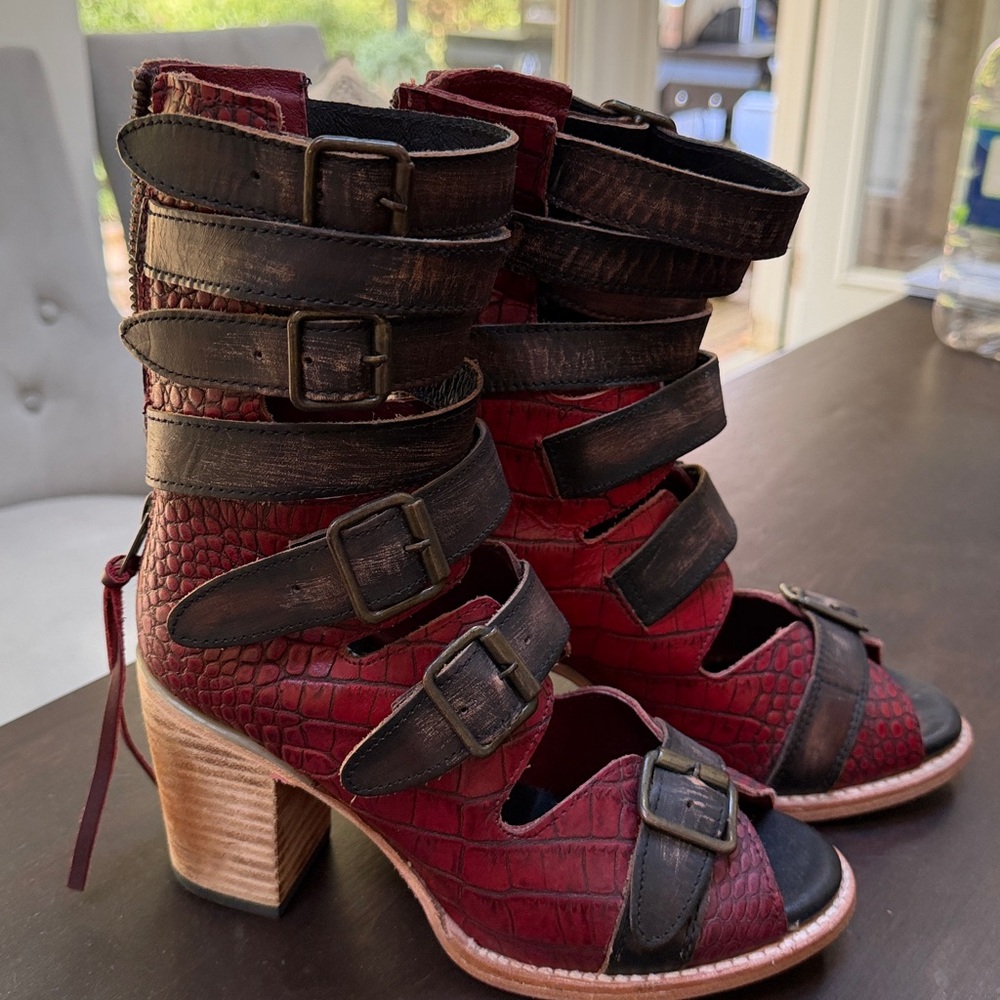 Free Bird Bond Red and Black Strappy Heeled Boots- worn once no box